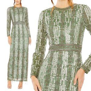 Mac Duggal 5981 Size 18 Green High Neck Long Sleeve Fringe Column Gown Dress NWT
